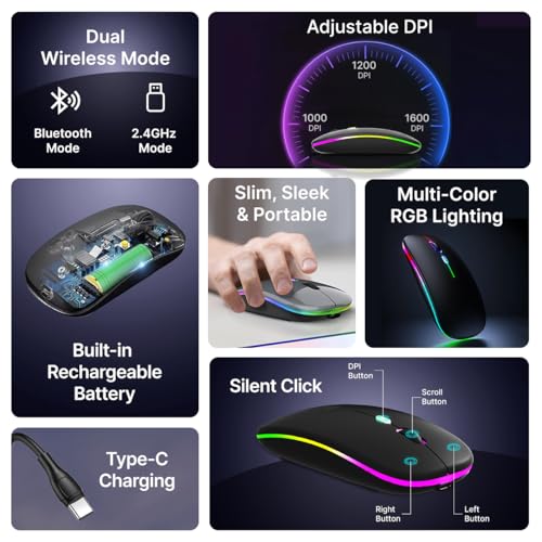 Image of pTron Flick M1 Slim Wireless Mouse w /Rechargeable Battery, Dual Connectivity 2.4Ghz & BT, 4 Buttons, 1000 /1200 /1600 DPI, Vivid LED Lights, Silent Operation, Plug & Play, Type C Charging (Black)