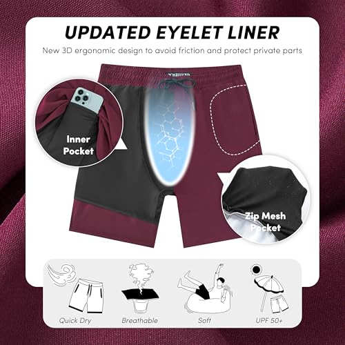 Men Swim Trunks with Compresssion Liner 7 Inch Inseam Board Shorts 2-in-1 Bathing Suit with Zipper Pockets4