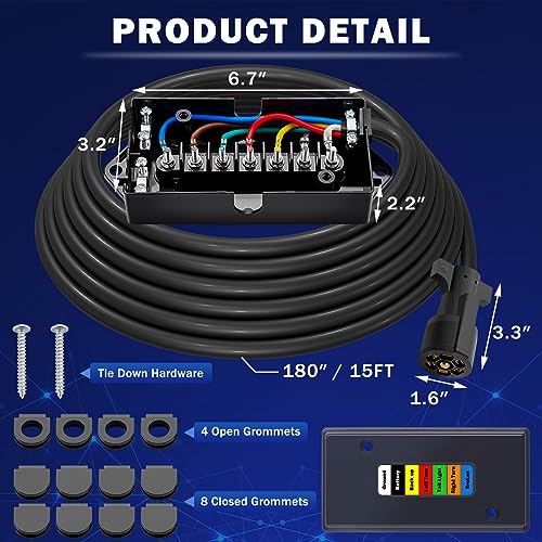 Image of CheeMuii 15 FT Trailer Wiring Harness Kit Heavy Duty 7 Way Trailer Cord with 7 Pin Trailer Plug and Junction Box Kit Premium Light and Brake Wiring Wires for Trailer RV