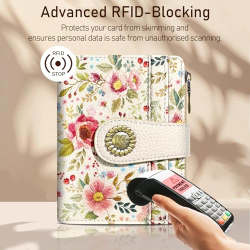 Image of Kelvoris Red Flower Floral Small Rfid Women Wallet Bifold Zipper Coin Pocket PU Leather Compact Cash Credit Card Holder Travel Wallet for Female Ladies Teen Girls 1 ID Window 10 Card Slots