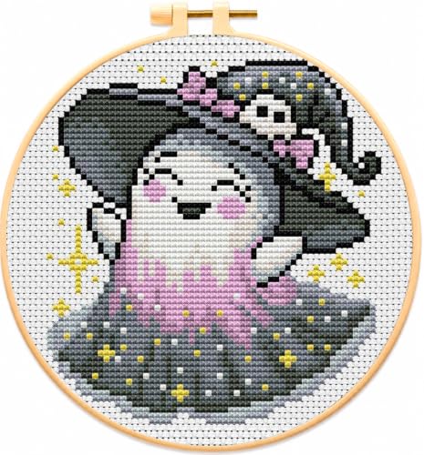 Image of VIGEGU Ghost Stamped Cross Stitch Kits for Adults Beginners with Frame | Partial 11CT Halloween Cross-Stitch Kit,DIY Arts and Crafts for Adults,Embroidery Kit for Adults Beginners 8x8inch