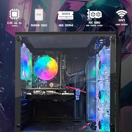 Image of STGAubron Gaming PC Desktop Computer, Intel Core i5-9400F up to 4.1GHz, Radeon RX 580 16G, 16G DDR4, 512GB SSD, WiFi 6 & BT 5.0, RGB Fan x 4, Windows 11 Home