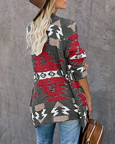 Image of FERBIA Women Boho Cardigan Aztec Open Front Loose Slouchy Sweaters Tribal Long Sleeve Knitted Christmas Jacket Coat