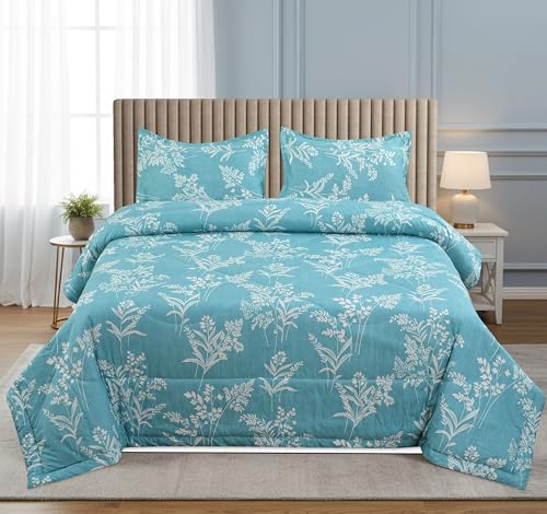 Image of VOMZER Super Soft Microfiber All-Season King Size AC Comforter (90x95 Inches) | Duvet for Double Bed with 1 Elastic Fitted Bedsheet (72x78 Inches) 2 Pillow Covers | 4 Piece Comforter Set Aqua Lily