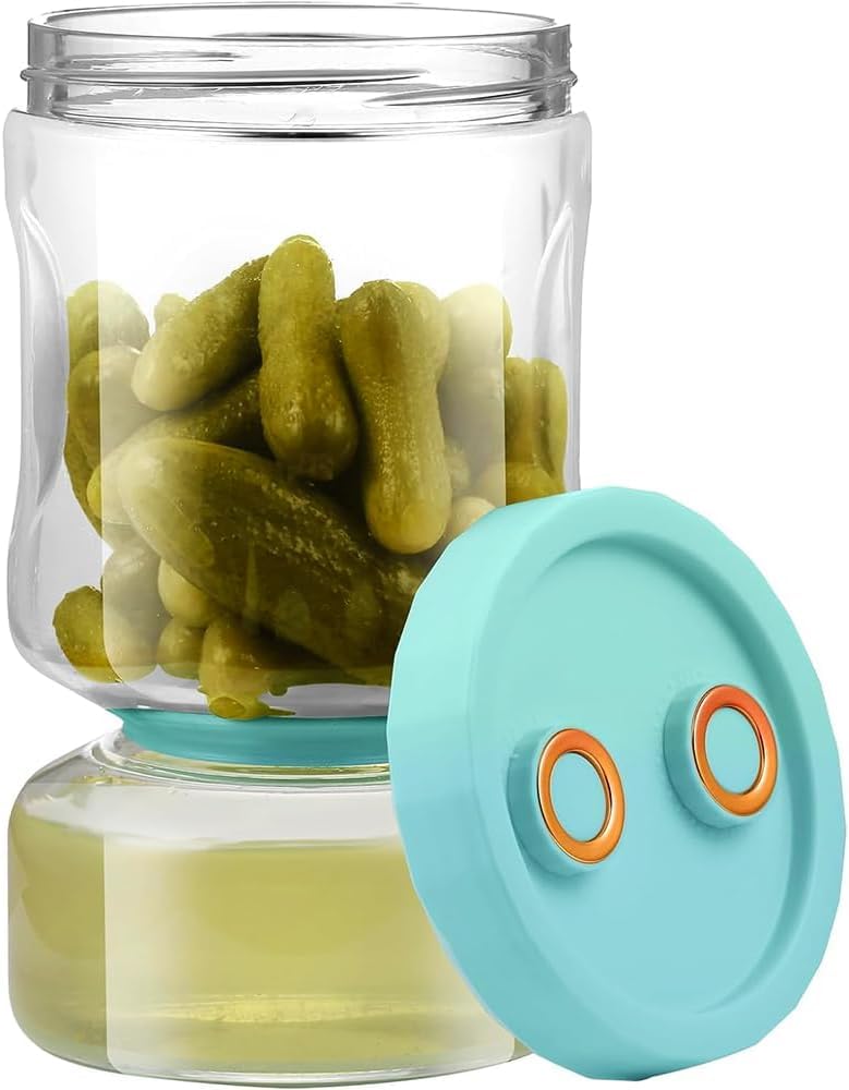 EveredenGlass Pickle Jar with Strainer Flip,34oz Container,Hourglass Pickle Juice Separator Jar for Olives,Gherkins or Sliced Pickles,Leakproof Airtight Lid and Refrigerator Dishwasher Safe