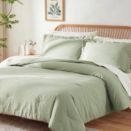 Image of Geniospin Full Size Comforter Set - 7 Pieces Textured Sage Green Bedding Sets, Boho Shabby Chic Comforter Set, All Season Comfortable Bed in a Bag with Comforter, Sheets, Pillowcases & Shams