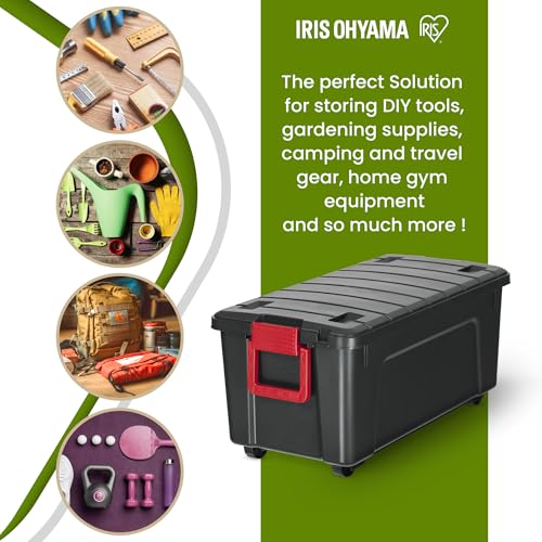 Iris Ohyama, große Kunststoff-Aufbewahrungsbox, 75 l Garagen-Aufbewahrungsbox, 3er-Set, SIA-75, schwarz, stapelbar, Verschlussklammern – B78 x T39,5 x H35 cm