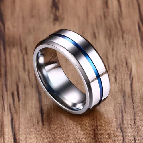 MMTTAO Men's Titanium Ring Wedding Bands for Men Women 6MM 8MM 10MM Black/Blue/Silver Engagement Band Wedding Rings Beveled Edge Brushed Matte Finished & Polished Grooved Center Comfort Fit Size 6-134