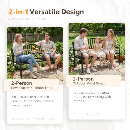 Image of VINGLI 59 inch Outdoor Metal Bench Patio Bench with Built in Table Park Bench Garden Bench, Outside Benches Weather Proof Front Porch Bench for Yard Lawn Decor Deck