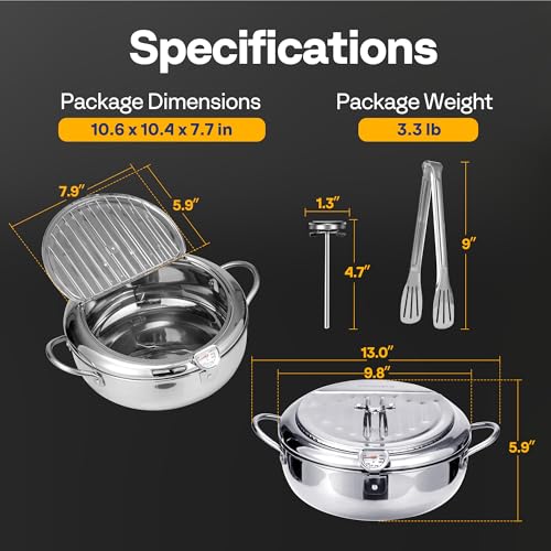 image for VIVOHOME 9.8 Inch 3.2 L 304 Stainless Steel Deep Fryer Pot with Tong, 