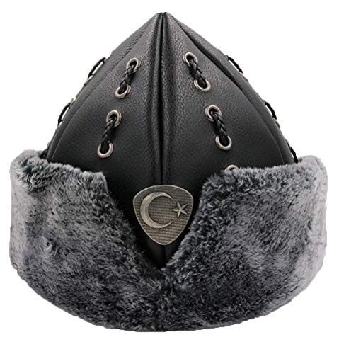 Turkish Ottoman Bork Hat Ertugrul Dirilis Fur Leather Winter Cap 2027 (2017C Crescent) Black