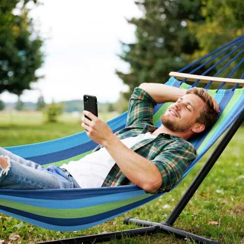 Image of MOSFiATA Hammocks Portable Camping Hammock Upgraded 550lb Comfortable Fabric Hammock with Two Anti Roll Balance Beam and Sturdy Tree Straps for Camping, Patio, Backyard, Outdoor (Blue Green)