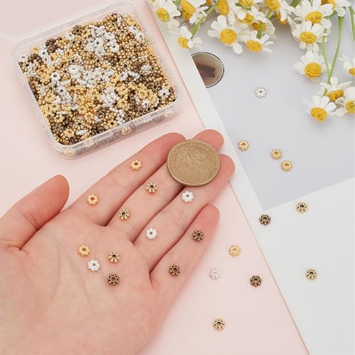 SOFPLATE 1 Box 600Pcs 6mm Gold Daisy Spacer Bead Silver Flower Metal Beads Bulk Tibetan Antique Alloy Mini Round Snowflake Loose Charm Bead for jewellery Making Supplies DIY Bracelets Necklaces Earrin - Image 3