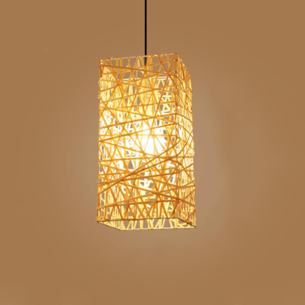 YNAHZAOK Handwoven Rattan Rectangular Pendant Light with Adjustable Cord Boho Wabi Sabi Suspended Lighting Fixture for Dining Room Tea House Cafe Homestay Hotel Decor Creative Personality Lamp