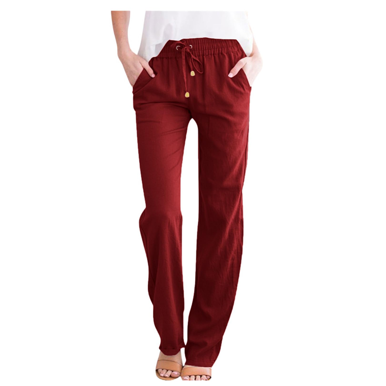 ZLQRSSWK Leinenhose Damen Hose Sommer Musselin Hosen Stoffhose Einfarbig Freizeithose Gerade Geschnitten Sommerhose und Taschen Sommerhose Damen Leicht Baumwolle Leinen Hose
