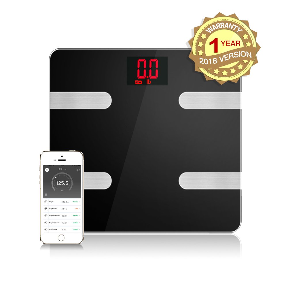 Body Fat Scale Smart Bluetooth Digital Scale Body Composition Monitor Analyzer Works with Smart Phone Android iOS Free App Including BMI, Body Fat, Muscle Mass, Water Weight, and Bone Mass Analysis