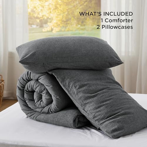 Image of Bedsure Comforter Set Queen Size - Cotton Fabric with Microfiber Inner Fill, Dark Grey PureWoven Soft Bed Set for All Seasons, 3 Pieces, 1 Comforter (90 inchx90 inch) and 2 Pillow Cases (20 inchx26 inch)