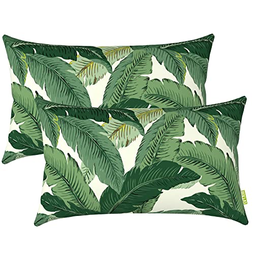 LVTXIII Set of 2 Patio Lumbar Pillows, 12x20 Fade Resistant Outdoor Lumbar Pillow with Inners, Fluffy Decorative Garden Lumbar Cushions for Home Patio Coach Sofa Use, Swaying Palms Green