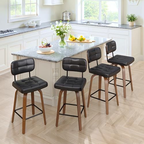Butacos de Barra Set de 4 Giratorios, Cuero PU Negro | Butacos Modernos Giratorios de Altura para Isla de Cocina y Barra, Altura 26 pulgadas, Estructura de Madera y Metal con Apoyo para Espalda