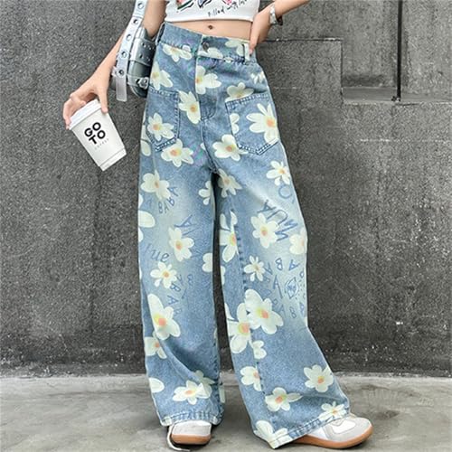 Girls Cute Flower Print Denim Pants High Waist Baggy Wide Leg Wash Jeans Children Street Active Denim Trousers2