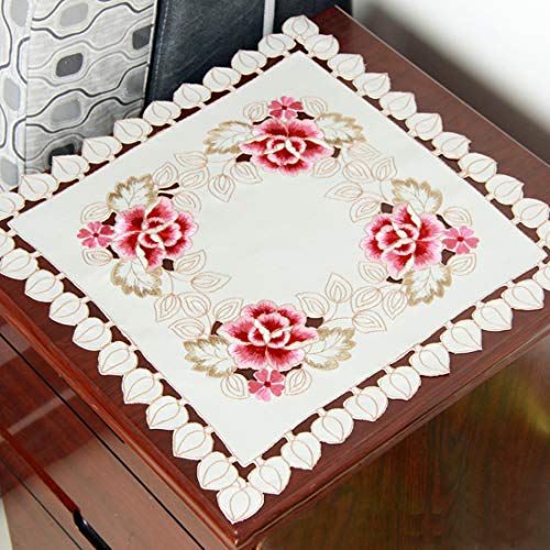 LeLehome 57" Square Flowers Embroidery Tablecloth, Classic Lace Beige Rose White Leaves Dining Table Cloth Table Cover for Festival Wedding Party Home Kitchen