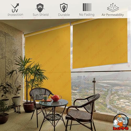 Image of HIPPO 180 GSM HDPE Outdoor Balcony Roller Blind, UV & Dust Protection Corded Roll Up and Down Light Filtering Blinds for Garden (Sunny-Yellow, 3FTX7FT)
