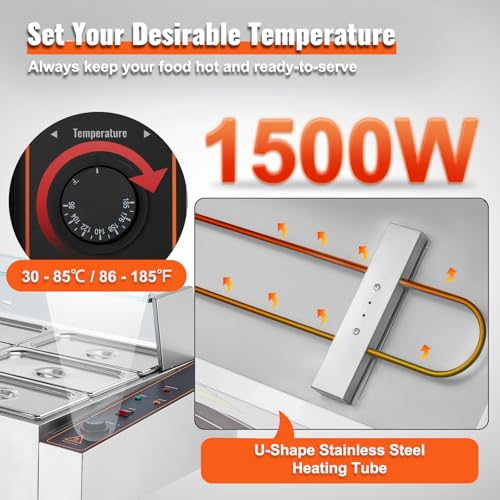 VEVOR kommerzieller Speisenwärmer mit 9 Behältern (je 5 Qt / 1/3 Größe), elektrischer Dampftisch mit Glasabdeckung, 1500 W Arbeitsplatte aus Edelstahl, Buffet-Bain-Marie, 30–85 °C Temperaturregelung – Bild 4