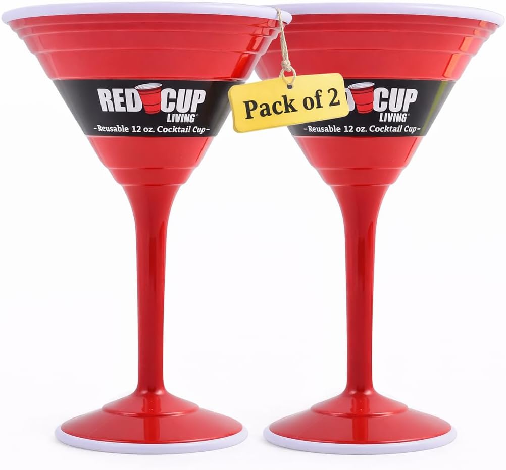 Reusable Red Plastic Cocktail Glasses with Stem, 12oz, Unique Drinking Glasses for Parties, Durable Champagne Flutes, Sturdy Stem Glass for Wine, Elegantes Copas De Vino (2)