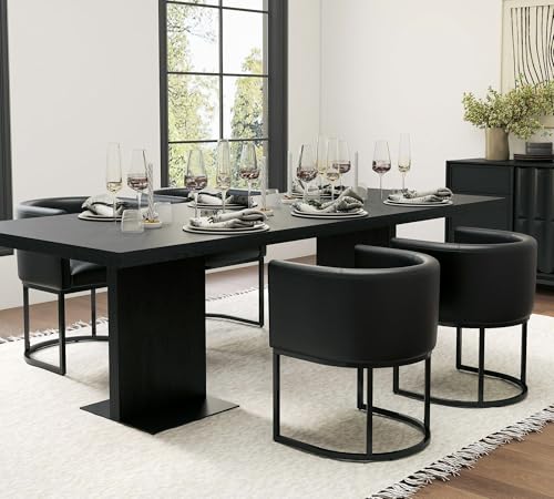 Image of HNY Mid Century Modern Upholstered Barrel Black Dining Chair with Arms, Leather Kitchen & Dining Room Chair, 18.5 inch Wide Accent Chair for Dining Room Living Room with Black Metal Frame