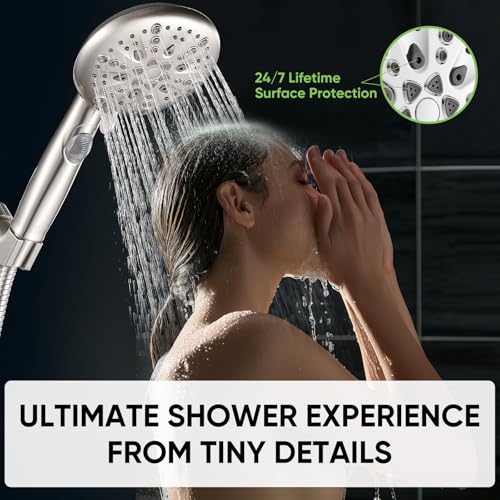 Image of Cobbe 9-Function Shower Head with Built-in Power Spray, 1.8 GPM Water Saving ON /OFF Toggle Switch, High Pressure Handheld Showerhead with 1-Click Pause Button, Brass Bracket & 6ft Hose, Brushed Nickel
