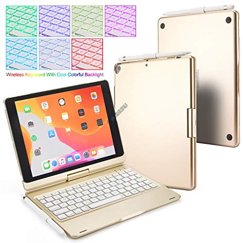 BECEMURU Custodia per Tastiera iPad 10.2 Retroilluminazione a 7 Colori Tastiera Bluetooth Senza Fili Rotazione a 360° Custodia Protettiva in Alluminio per iPad 10.2 (Modello 2019)(Oro)