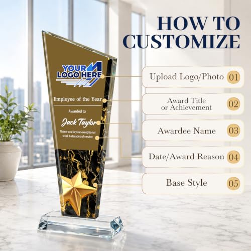 Image of Custom Crystal Trophy Award Personalized Plaque Award with Text Logo Photo Awards Trophies for Employee Recognition Team Graduation Personalized Office Gifts for Boss Coworker Teacher