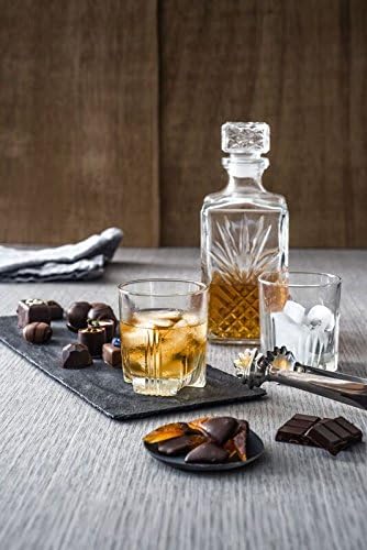 Bormioli Rocco Selecta Collection Whiskey Gift Set – Sophisticated Etched 33.75oz Decanter & 6 9.5oz Glass Tumblers With Starburst Detailing – For Whiskey, Bourbon, Scotch & Liquor