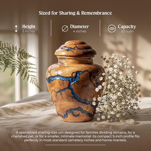 Image of Small Keepsake Urn for Human Ashes Adult - Handcrafted Wooden Mini Urn (20 Cubic Inches) - Blue Decorative Memorial Cremation Urn for Men & Women - Keepsake Urns for Sharing Ashes