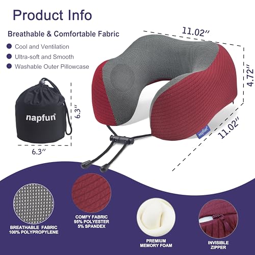 Image of napfun Neck Pillow for Traveling, Upgraded Travel Neck Pillow for Airplane 100% Pure Memory Foam Travel Pillow for Flight Headrest Sleep, Portable Plane Accessories, Burgundy