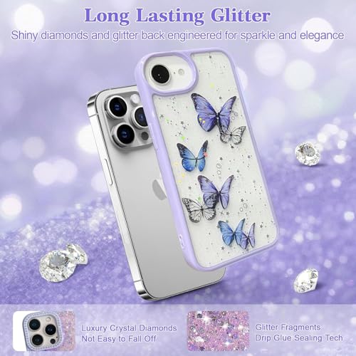 Image of VONZEE for iPhone 17e Clear Glitter Butterfly Case, Cute Bling Sparkle Shiny Soft TPU Bumper Shockproof Women Girls Slim Protective Phone Cover for iPhone 17e 6.1 inch,Purple
