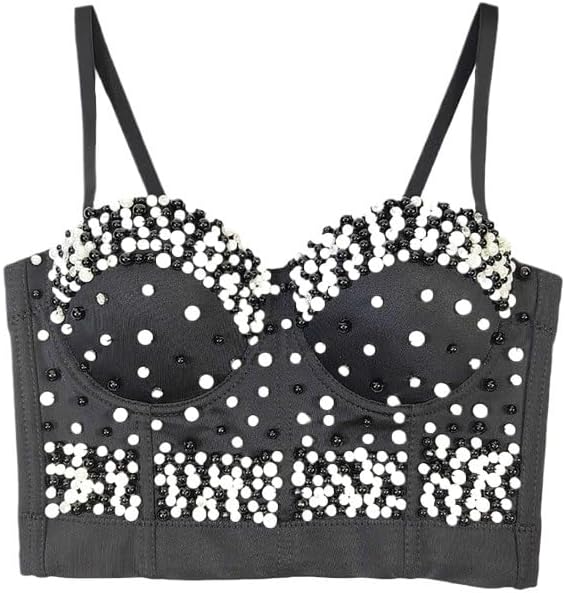 JSEIAJB Fashionable Pearl and Diamond Chest Wrap Outer Wear Slim Fit Gathered Chest Showing Sexy Top