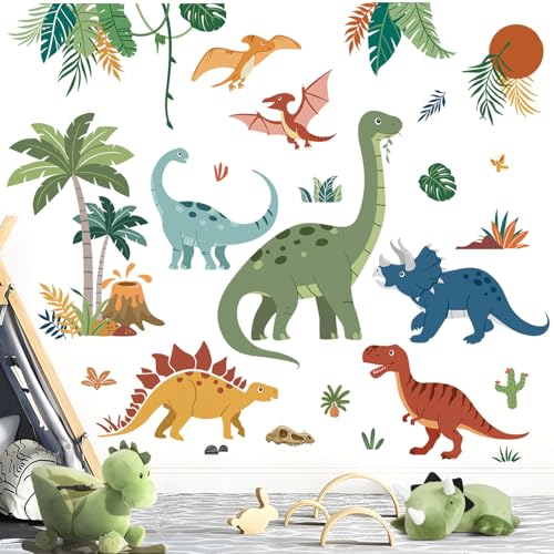 decalmile Stickers Muraux XXL Dinosaure Grand Autocollant Mural Dino Feuilles de Palmier Boho Décoration Murale Chambre Bébé Garçon Salle de Jeux