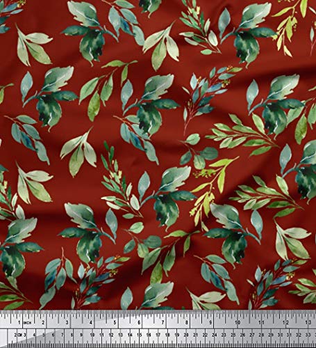 Soimoi Red Poly Crepe Tissu Feuilles Fleur Tissus au Metre 52 Pouces Large