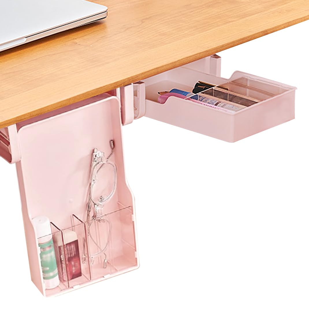 DIYBravo Self-adhesive Under Desk Drawer Under Desk Storage Organizer Hidden Desk Bottom Shelf Slide Out Pen Holder for Office School Bedrooms (Pink)