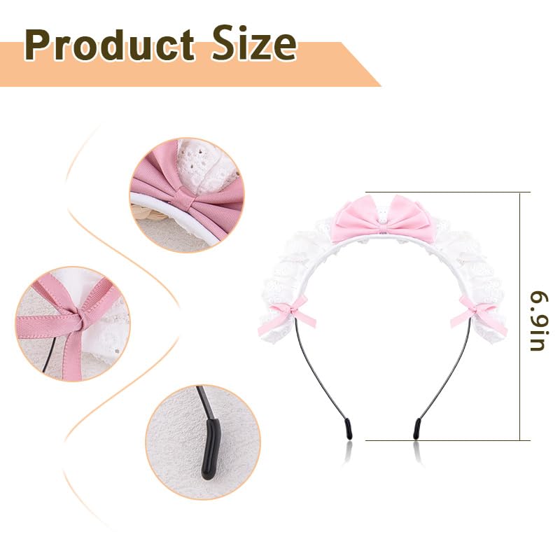 Kawaii Lace Headband with Ribbon Lace Maid Headband with Bow Headbands for Women French Maid Costume Accessories Pink Maid Headpiece Head Band with Bowknot Maid Hairband Hair Hoop for Cosplay image 5