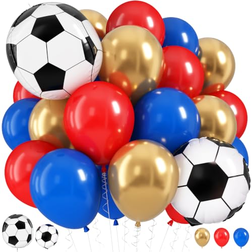 Image of Soccer Balloons, 12 Inch Red and Blue Metallic Gold Latex Balloons with Soccer Ball 4D Foil Balloon for Boys Kids Sport Theme Birthday Decorations Football Lover Men Party Baby Shower Decor Supplies