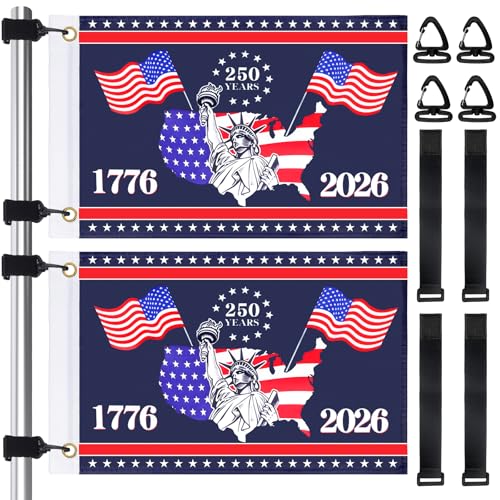 2PCS 4th of July Golf Cart Flags 250th Patriotic Golf Cart Flag with Holder and Elastic 12.2*19.1 Easy Installation 250th Patriotic Golf Cart flags with 1776-2026 for Golf Cart Boat Bike and In/Outdoor Decor