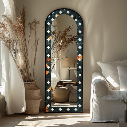 Specchio da pavimento con motivo geometrico scuro da 63,5 x 160 cm (larghezza x altezza), lunghezza completa, specchio da pavimento con cornice nera e cornice argentata