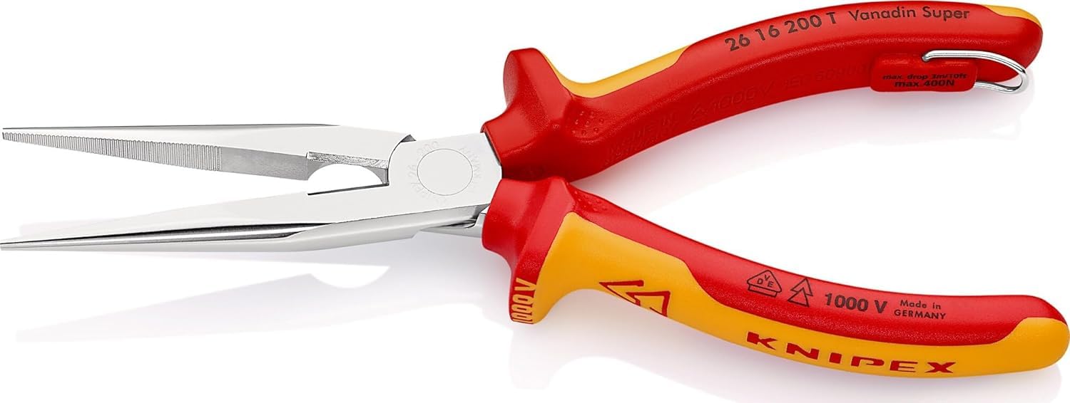 KNIPEX Pinza per meccanica - con becchi mezzotondi con tronchese (pinza a becchi di cicogna) in blister cromata isolante con manici, 26 16 200 T BK