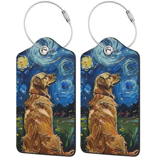 Vesavifaka Juego de 2 etiquetas para equipaje Cielo estrellado con perro para maletas de viaje, Etiquetas de cuero únicas y adorables con pantalla de privacidad, Etiquetas de identificación con