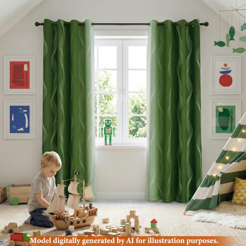 Image of MYSKY HOME Green and Greyish White 95% Blackout Short Ombre Curtains 63 inch Length 2 Panels for Bedroom Black Out Thermal Insulated Wave Line Foil Print Design Gradient Drapes, Wide 52 inch Each Panel