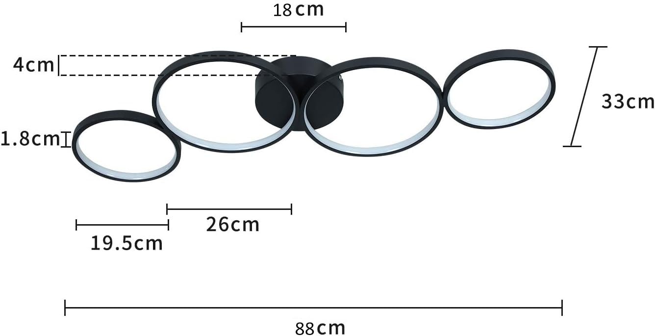 GBLY Lampa sufitowa LED nowoczesna 4 płomienie w optyce pierścieniowej | 3000k biała ciepła lampa sufitowa okrągła 37W wewnętrzna czarna lampa do salonu wykonana - salon przedpokój biuro gabinet