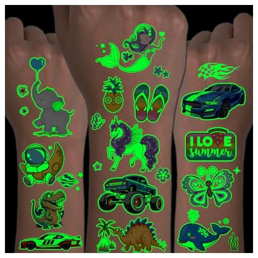 CHARLENT 300 Tatouages ​​Phosphorescents pour Enfants, 36 Feuilles de Tatouages ​​Temporaires Lumineux de Styles Variés pour Garçons et Filles, Cadeaux de Fête, Sacs Cadeaux