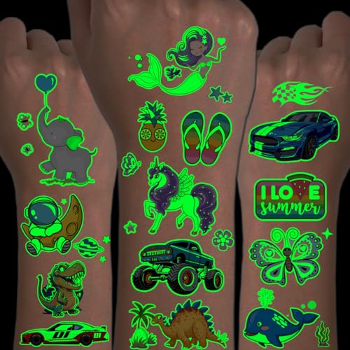 CHARLENT 300 Styles Glow in The Dark Tattoos for Kids, 36 Sheets Mixed Styles Luminous Temporary...